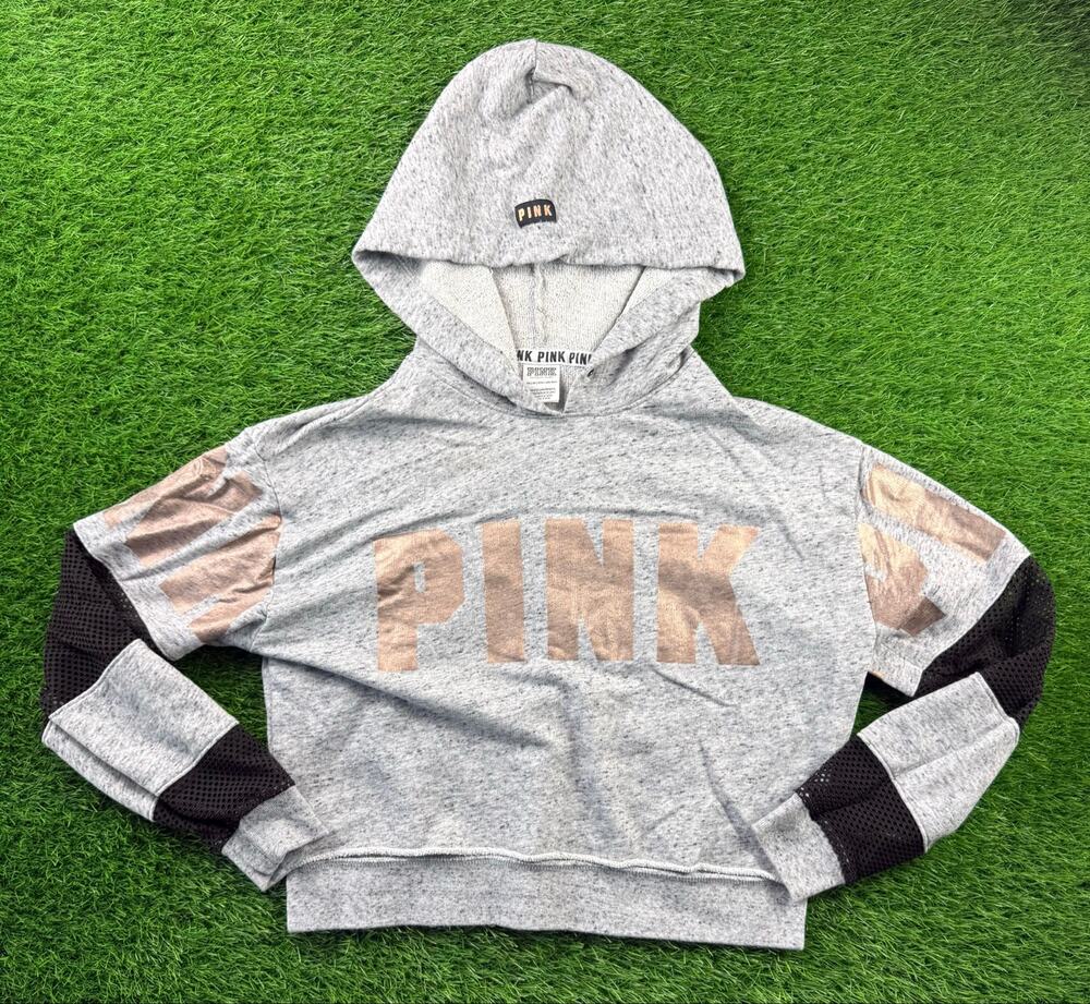 VS Victoria Secret PINK Cropped Hoodie Sz XS Grey Rose Gold Foil Mesh Pullover